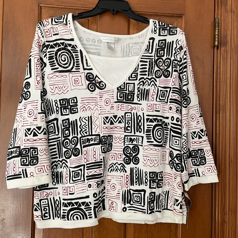 Napa Valley White, Black, & Red Top with “Faux” Cami & Bead Detail, NWT, Size XL